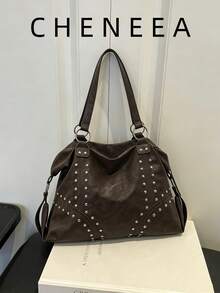 New Vintage Fashion Large Capacity Soft Faux PU Leather Tote Bag, Y2K Style Rivet Decor, Zipper Closure, Commuter Casual Shoulder Bag - Coffee Brown - View 2
