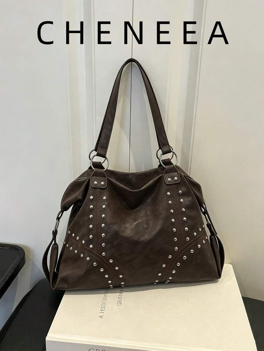 New Vintage Fashion Large Capacity Soft Faux PU Leather Tote Bag, Y2K Style Rivet Decor, Zipper Closure, Commuter Casual Shoulder Bag