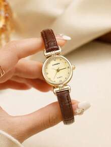 LIANDU Vintage Mini Round Leather Strap Quartz Women's Watch, Gold Case Dial With Rhinestone Markers, Elegant Formal Watch, Suitable For Various Occasions Like Holidays, Parties, Weddings, Back To School, Christmas, Thanksgiving, Halloween, Easter, Etc., Perfect Gift For Women - Brown - View 6