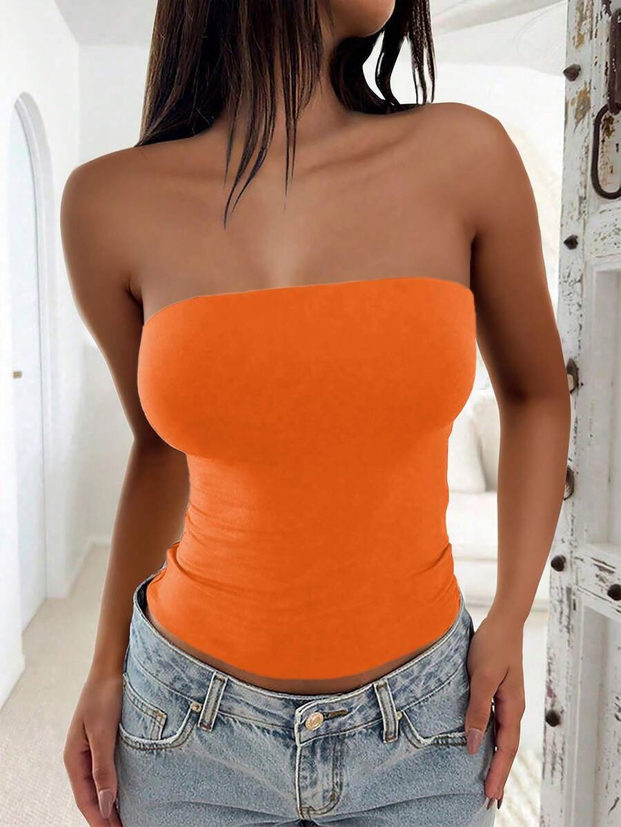 GLAMSKIN Women's Sexy Strapless Top, Casual Double-Layer Slim Fit Basic Camisole For Summer And Autumn, Back To School Street Style Beach Vacation - Orange - View 1