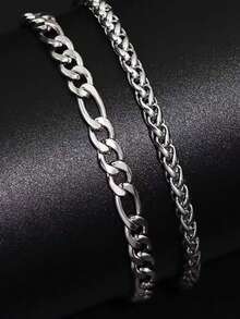 2pcs Men's Stainless Steel Bracelet Set, Classic & Wheat Link Chain, Minimalist Streetwear Jewelry, Durable & Tarnish-Resistant Daily Accessory - Bracelet - View 4