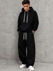HEYKESON Men's 2 Pieces Sports Set Loose Pullover Hoodie And Wide Leg Drawstring Sweatpants Casual Outfit - Black - View 1