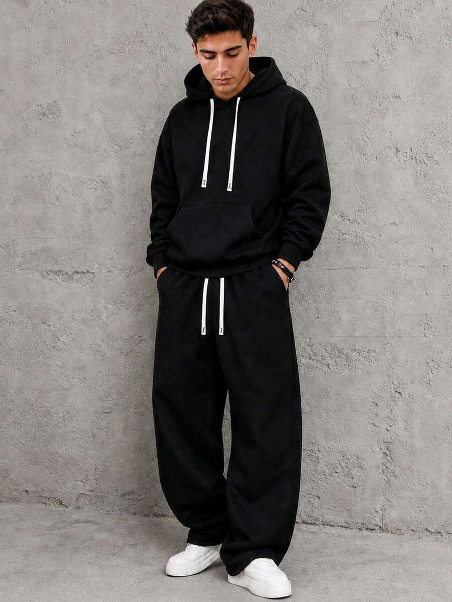 HEYKESON Men's 2 Pieces Sports Set Loose Pullover Hoodie And Wide Leg Drawstring Sweatpants Casual Outfit - Black - View 1