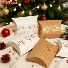 1/10/30pcs Christmas Golden Foil Pattern Gift Pillow Box, Snowman Party Favor Packaging Set For Holiday Celebrations - Multicolor - View 1