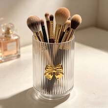 1pc Transparent Acrylic Makeup Brush Holder With Gold Bow, Creative Cosmetic Storage Bucket, Lipstick And Pen Organizer, Desktop Decor Makeup Storage Box - View 5