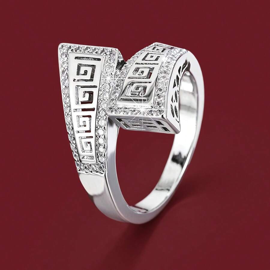 1 pieza Anillo de mujer con diseño hueco geométrico de circonita de moda - Multicolor - Ver 1