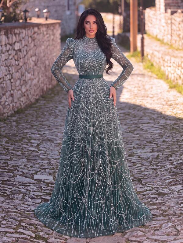 Elegant Women's Long Formal Dress, Stand Collar Long Puff Sleeves, Decorated With Beads And Sequins, Flared Skirt, Charming Party Dress Wedding Fall