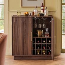31.5" Wine Bar Cabinet With 21 Bottle Slots And 8 Glass Holders, Walnut Sideboard Cabinet With Arched Doors, Freestanding Bar Storage Cabinet For Dining Room Kitchen Living Room - 1 - View 1