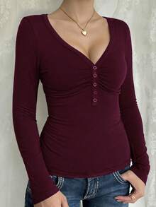Top NOIRLYN pour femmes Y2K automne décontracté sexy blocs de couleurs coupe slim manches longues col en V, convient pour le port quotidien - Violet - Voir 1