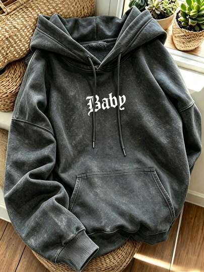 Women's Washed Vintage Baby Gothic Letter Print Drawstring Sweatshirt, Loose Drop Shoulder Kangaroo Pocket Pullover Sweatshirt