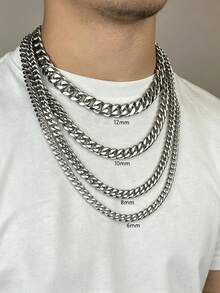 Men's Cuban Necklace, Minimalist Stainless Steel Chain Necklace, Men's Basic Jewelry, Waterproof Hip-Hop Necklace, Jewelry Gift For Him - Silver - View 7
