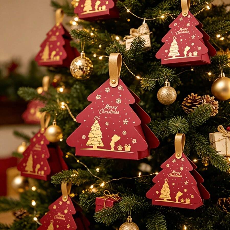 OBOVAY 10pcs Christmas Tree Shaped Gift Boxes With Handles - Compact And Portable Paper Gift Boxes/Bags, Suitable As Holiday Party Favors And Christmas Tree Decorations - Burgundy - View 1