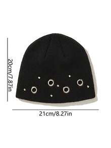 1 chiếc mũ len beanie phong cách punk, đan kim, đính khoen kim loại, trang trí đinh tán cá tính, mũ trùm đầu streetwear đa năng - màu đen - Xem 5
