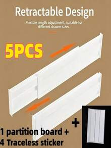 5PCS (1 Partition+4 Traceless Stickers) Adjustable Drawer Divider Set, Suitable For Storing Kitchen Utensils/Socks/Underwear/Desk Drawers, Adjustable Drawer Dividers, Heavy-Duty Plastic Retractable Folding Storage Box - Multicolor - View 13
