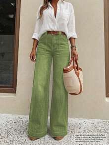 New Women's Denim Wide Leg Pants, High-Quality Fashion Casual Pants, Comfortable Fit Suitable For All Seasons, Fashionable Daily Wear Fall - Bean Green - View 10