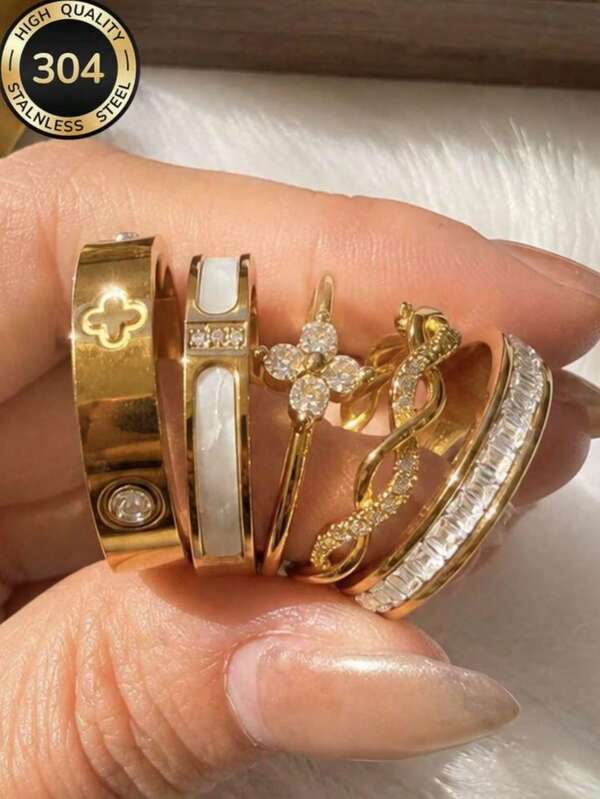 2026 New 18K Gold Plated Stainless Steel Minimalist Style Personalized Fully Rhinestone Floral Ring Set, Can Be Stacked Or Worn Individually, Suitable For Parties, Gifts, Daily Wear, Waterproof, Fade-Resistant, Perfect For Beach Vacation