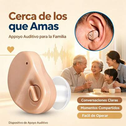 Amplificador Auditivo Ajustable para Sordera Leve‑Moderada, Ganancia de Sonido ≥30dB, Volumen Regulable, Sonido Claro Interior y Exterior, Incluye Tapones para Oídos, Pilas, Cepillo de Limpieza y Estuche