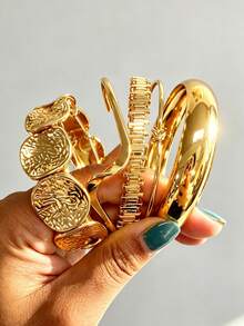 5/1pc Set Elegant Casual Geometric Wavy Hammered Texture Alloy Gold Color Bracelet Set Suitable For Women All Seasons Daily Commute And Vacation Party Layering Gift - Gold - View 8