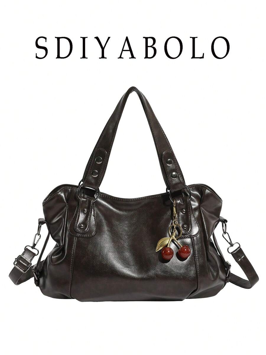 Women's Vintage Tote Bag, Rivet Decor Adjustable Dual‑Use Shoulder Crossbody Bag, Large Capacity Casual Handbag For Daily Used - Coffee - View 1