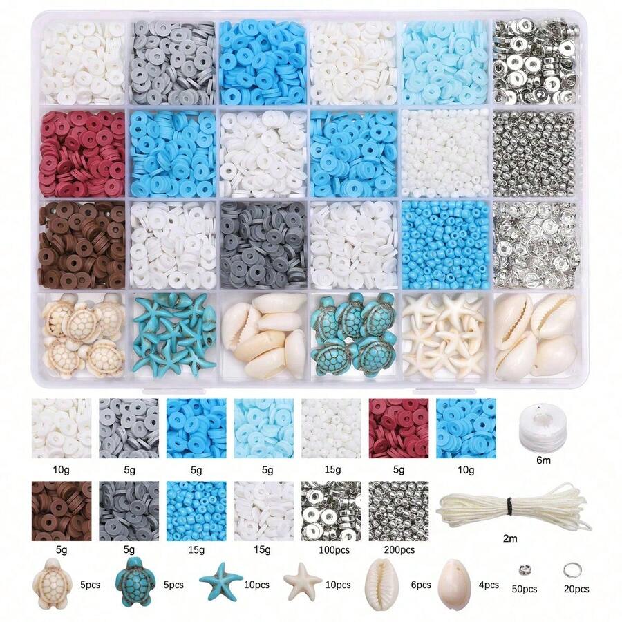 Ocean-Themed Soft Clay Bead Jewelry Making Kit, Colorful DIY Beading Supplies With Shell, Starfish & Turquoise-Style Charms, For Friendship Bracelets, Necklaces And Handmade Crafts - A - View 1