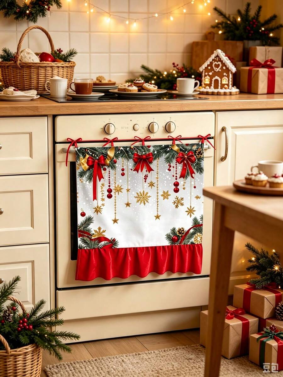 Christmas Oven Door Curtain, Red Bow & Gold Snowflake Pine Branch Print Kitchen Decor Curtain, Ruffle Trim Hanging Decoration, Suitable For Holiday, Farmhouse Style Home Christmas Party - B - View 1