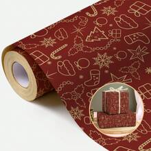 1 Roll Christmas Wrapping Paper, Vintage Red & Gold Cursive Merry Christmas Print Kraft Paper Gift Wrapping Paper, Christmas Holiday Gift Box Packaging Decoration - A - View 1