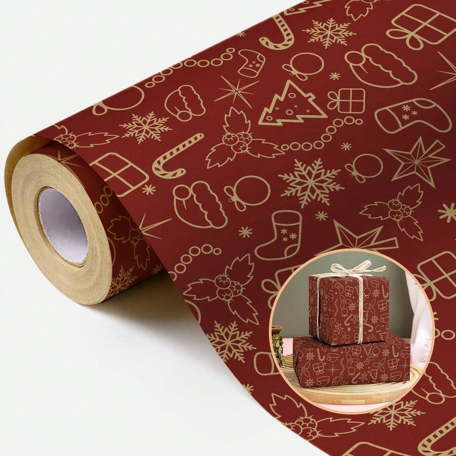 1 Roll Christmas Wrapping Paper, Vintage Red & Gold Cursive Merry Christmas Print Kraft Paper Gift Wrapping Paper, Christmas Holiday Gift Box Packaging Decoration - A - View 1