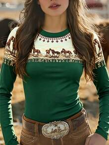 VEXHEIMA Western Style Women's Fashion Vintage Horse Print Round Neck Slim Fit Elastic Long Sleeve Top - Dark Green - View 4