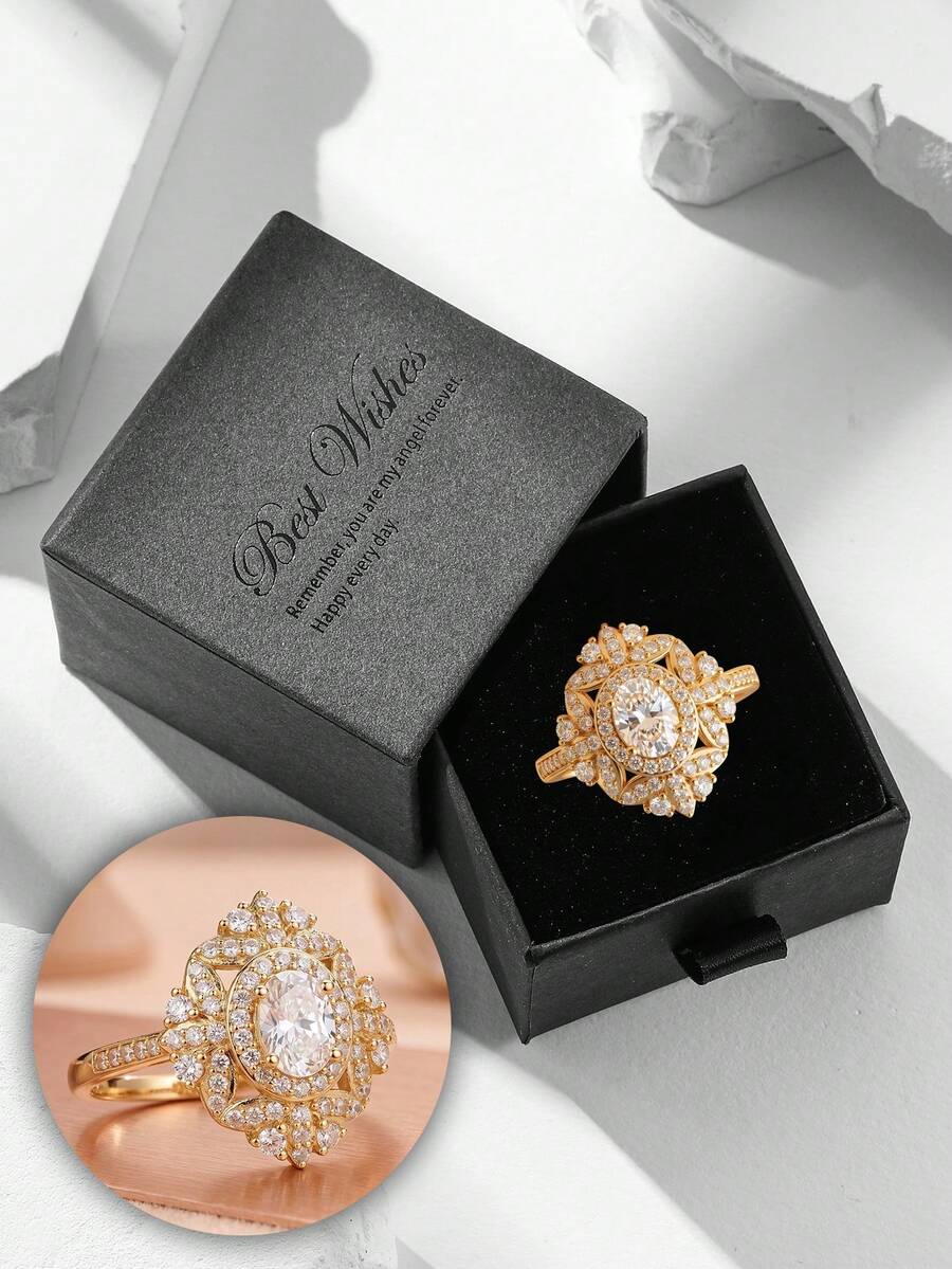 Gift Box Vintage Luxury Cubic Zirconia Ring, Women's Fashion Party Evening Jewelry, Suitable For Women's Wedding Engagement Or Holiday Gift - Gold - View 1