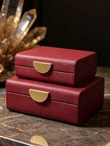 2pcs/Set Pebble Pattern PU Leather Jewelry Box With Lid, Rounded Corner Jewelry Storage Organizer, Crescent-Shaped Zinc Alloy Lock, Burgundy And Cream White, Bedroom Vanity Decor, Suitable For All Occasions Gift Box - Multicolor - View 4