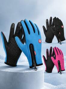 Simple And Casual Full-Finger Fleece-Lined Winter Gloves, Featuring Side Zipper And Decorative Tag Details. Touchscreen Compatible, Windproof And Warm, Suitable For Outdoor Sports And Daily Commuting. Winter Gloves, Cycling Gloves. - Multicolor - View 4