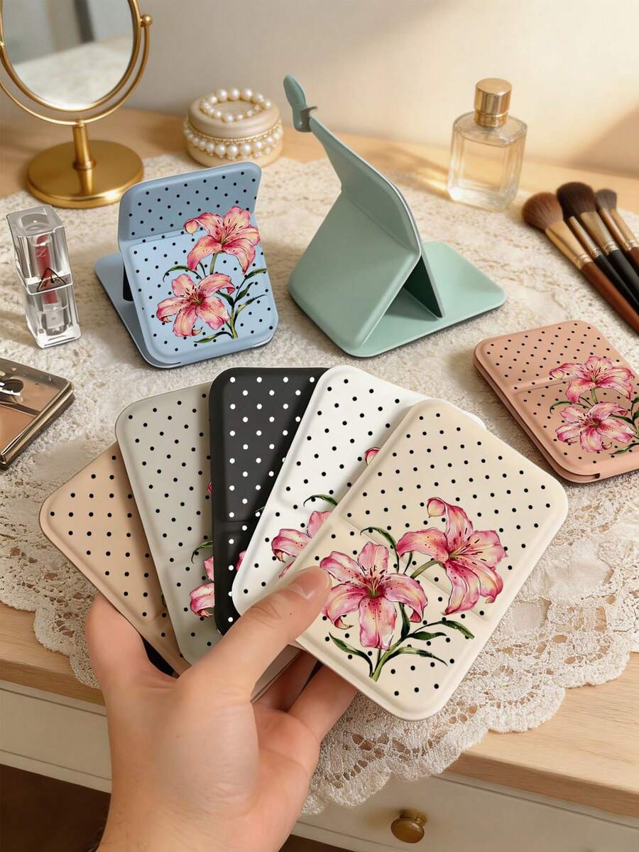 Portable Folding Makeup Mirror Polka Dot Puppy Dancing Pattern Travel Mirror Cosmetic Product Desktop Makeup Mirror Rectangular Desktop Portable Folding Mirror Elegant Mirror Design Suitable For Outdoor Use