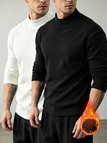 2pcs/Pack Men's Winter Warm Lining Solid Color Stand Collar Long Sleeve Top, Slim Fit Versatile Lightweight Base Layer, Warm Pullover Long Sleeve Innerwear, Suitable For Daily Commute, Gatherings, Multi-Purpose Wear - Black and White - View 1