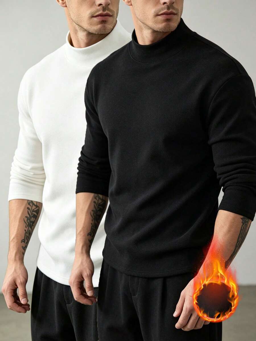 2pcs/Pack Men's Winter Warm Lining Solid Color Stand Collar Long Sleeve Top, Slim Fit Versatile Lightweight Base Layer, Warm Pullover Long Sleeve Innerwear, Suitable For Daily Commute, Gatherings, Multi-Purpose Wear - Black and White - View 1