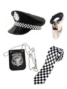 Cosplay Accessory Set, Police Hat, Hat Combo, Hat, Headset, Cosplay Walkie Talkie, Whistle, Plaid Tie, Black And White Plaid, Combo, Cosplay, Party, Stage Costume,Halloween - Multicolor - View 1