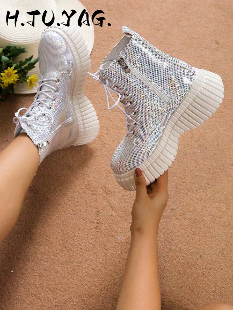 European & American Minimalist Fashion Chunky Mid-Heel Ankle Boots, Glitter Pink Motorcycle Boots For Autumn & Winter, Boots For Women - Silver - View 1