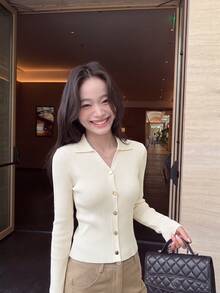 Women's Design Metal Button Lapel Ribbed Knit Cardigan, Single-Breasted Slim Fit Flattering Inner Layer Sweater Top, Autumn/Winter New Style - Apricot - View 6