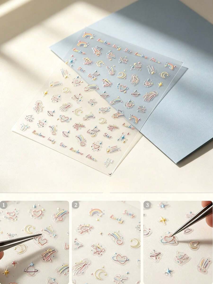 1 Set Of Transparent Decal Stickers, For Ipad, Stickers For Laptop, Scrapbook Stickers, Soft Hand‑Drawn Style, Dopamine Star Moon Rainbow Pattern, Delicate Low‑Saturation Decorative Decals, For Water Cup, Headset, Photo Paper Decoration - To2775 Planet - View 1