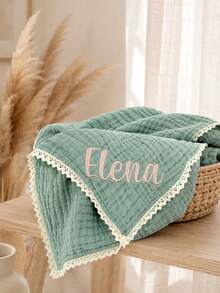 1PC Custom Embroidered Lace Hollow‑Trim Quilted Throw Blanket, Personalized Text Embroidery Solid Blanket With 7 Color Options, Home Decor Piece For Sofa Bedroom Couch, Thoughtful Holiday Gift For Household Family Members Daily Home Usage - Multicolor - View 4