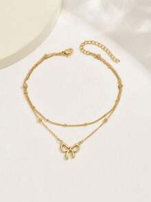1pc Fashion Double Layer Bowknot Stainless Steel Anklet, Beach Vacation Casual Jewelry, Holiday Gift For Women - Gold - View 5