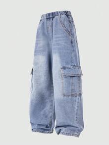 Young Boy Spring Cargo Pocket Denim Jeans Summer Fashion New Style - Blue - View 4
