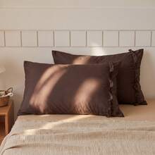 1pc/2pcs Solid Coffee Color Pillowcase With A Bow And Ruffle Trim (Without Insert), Comfortable And Breathable Polyester Fiber Suitable For All Seasons, Home Decoration, Simple Classic, Cozy Bedding, Neutral Decor, Ruffle Accent, Versatile Home - Mocha Brown - View 19
