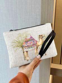 Camel & Palm Tree Print Makeup Bag, Zippered Toiletry Storage Pouch, Reusable Cosmetic Organizer With Camel Pattern, Lightweight, Makeup & Toiletry Storage Bag, Zippered Makeup Bag, Lightweight Coin Purse, Toiletry Bag, Storage Bag, Travel Accessory, Perfect For Shopping, Multi-Functional Use, For Organizing Cosmetics, Brushes, Accessories, Perfect Gift For Teacher's Day, Back To School, Middle East National Day, Halloween, Ramadan, Christmas - Multicolor - View 7