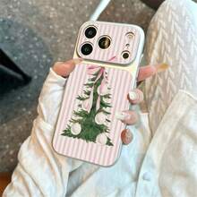 1pc TPU Material Pink & White Striped Watercolor Christmas Tree Pattern Phone Case Suitable For Apple 17 Pro Max/17/16 Pro Max/15/13/12/11 Large Window Skin Full Coverage Anti-Drop Soft Shell Phone Protective Cover - Silver - View 3