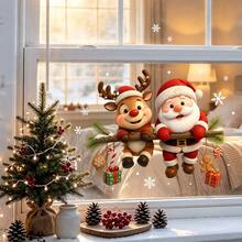 1/2pcs Christmas Window Clings, Santa Reindeer Snowman Static Glass Stickers, Removable Double Sided Snowflake Decals For Glass Doors Xmas Holiday Home Decor - Multicolor - View 10