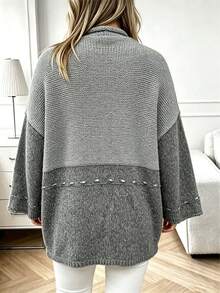 Plus Size Casual Fashion Colorblock Tie-Front Patchwork Pocket Long Sleeve Knit Cardigan - Grey - View 7