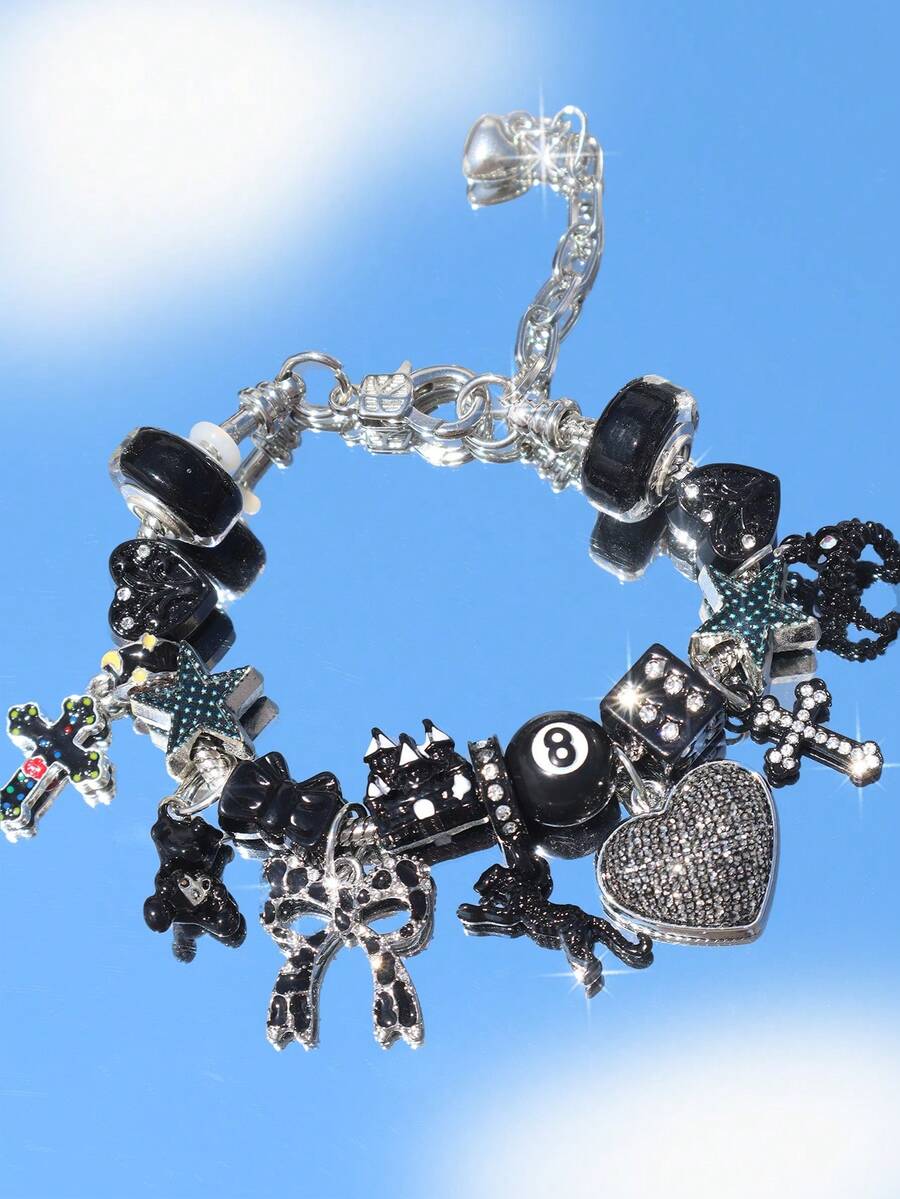 1pc Dark Leopard Cross Star Charm Bracelet, Heart Crown Bracelet, Star Dice Gothic Style Bracelet