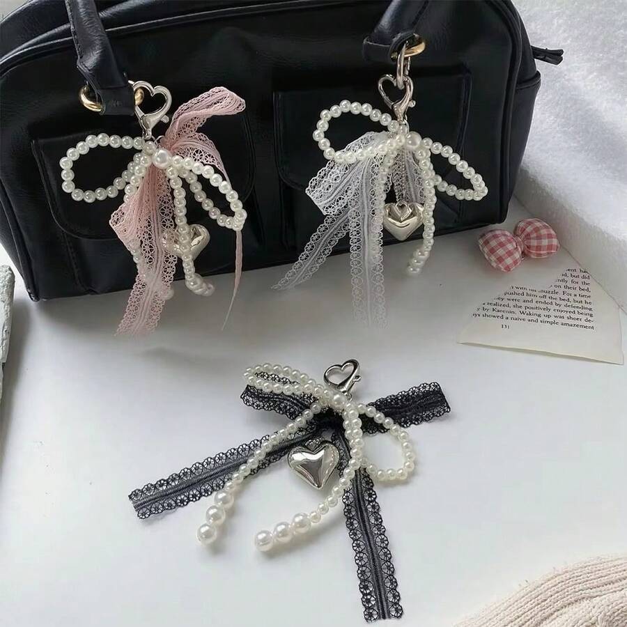 1PC-2pcs Plastic Sweet Pearl Bow Keychain Heart Shaped Lace Pendant Korean Y2K Car Keychain Bag Accessories Simple Girlish Heart - Multicolor - View 1