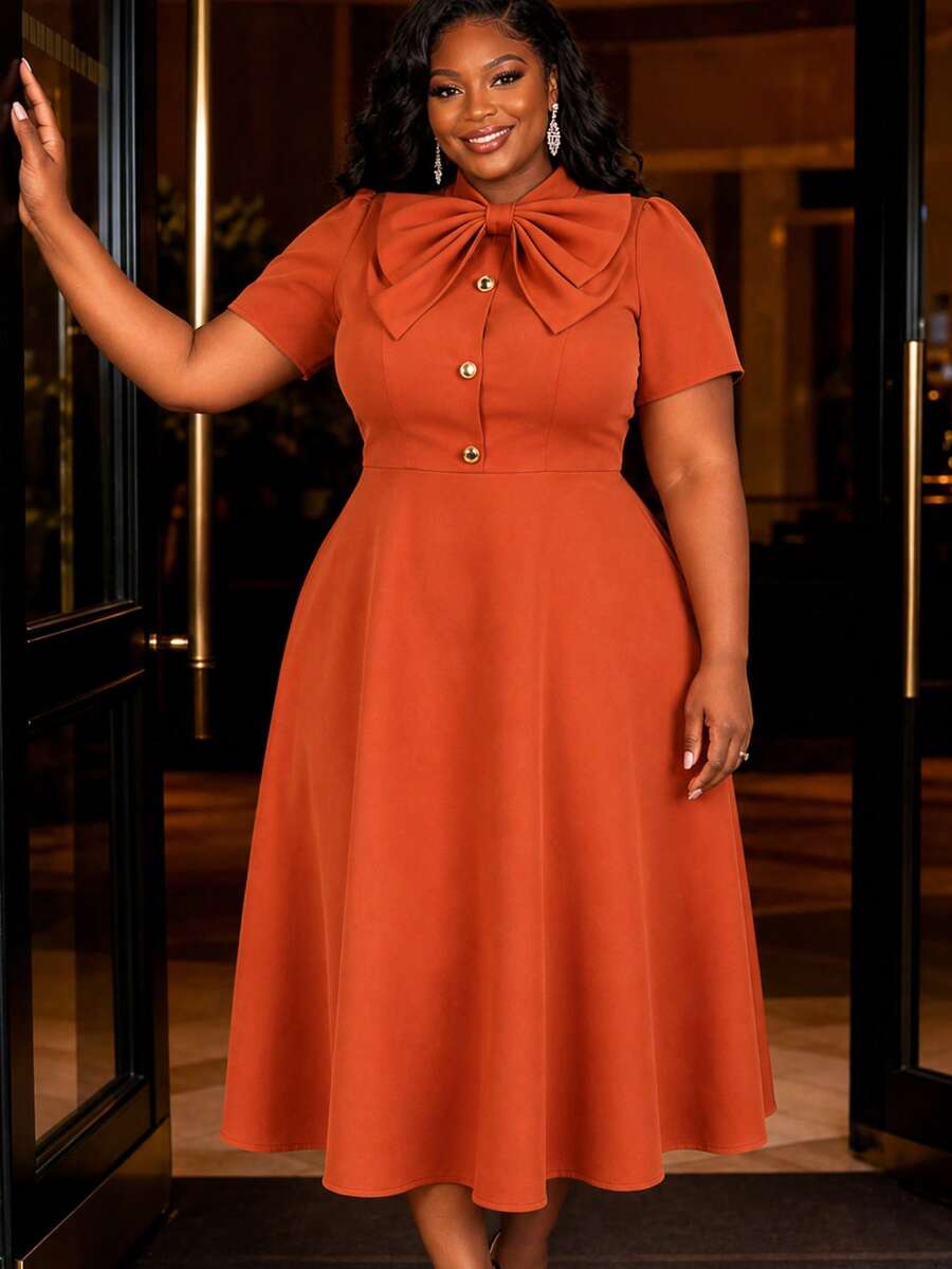 Plus Size Orange Bow Front Midi Dress Women Puff Short Sleeves Button Decoration A Line Elegant Vintage Church Vacation Summer Wedding Guest Dresses - Red - View 1