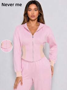 Never me Women's Autumn/Winter Fleece Hooded Jacket And Loose Wide Leg Pants Set, Casual Sports 2 Pieces Set, Comfortable And Stretchy - Pink - View 3